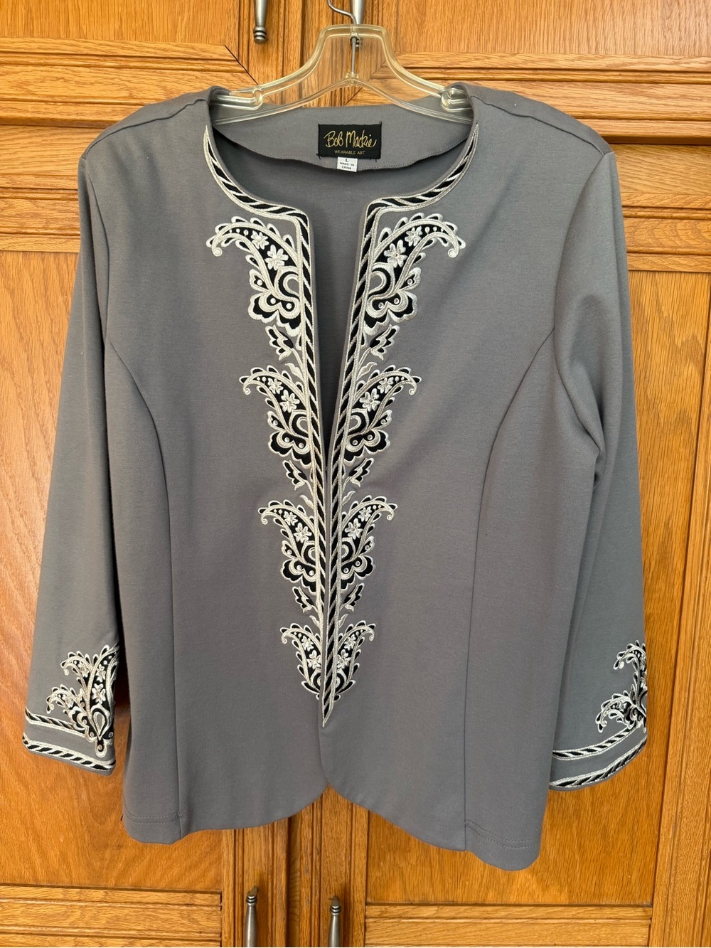 Bob Mackie Art Grey Embroidered Paisley Floral Rhinestone Jacket Blazer Sz Large